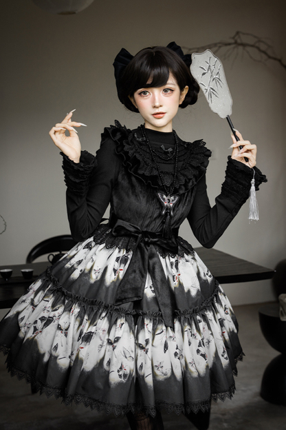 シックバタフライプリントスイングロリータドレス+ジャンパースカート+ヘアバンド+インナー+リボン