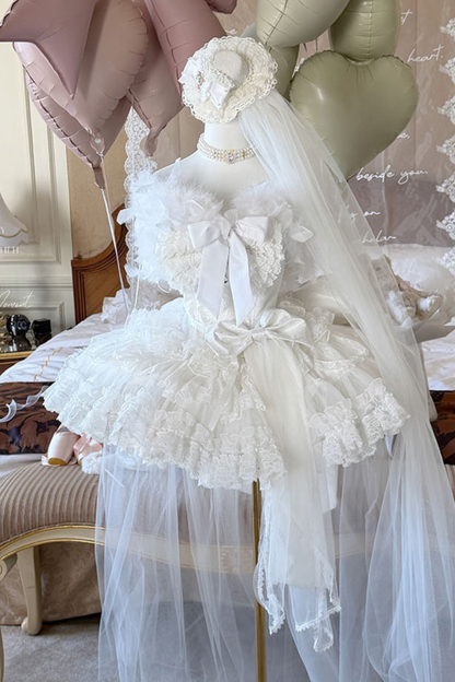 [Vorbestellung bis 4. April]Weißes Feder-Zeremonienkleid + Schal + Schwanz + Schleier + Schleife + Ärmel