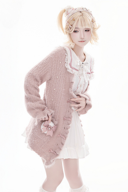 Powder Puff Ribbon Shaggy Fur Ruffle Knit Cardigan