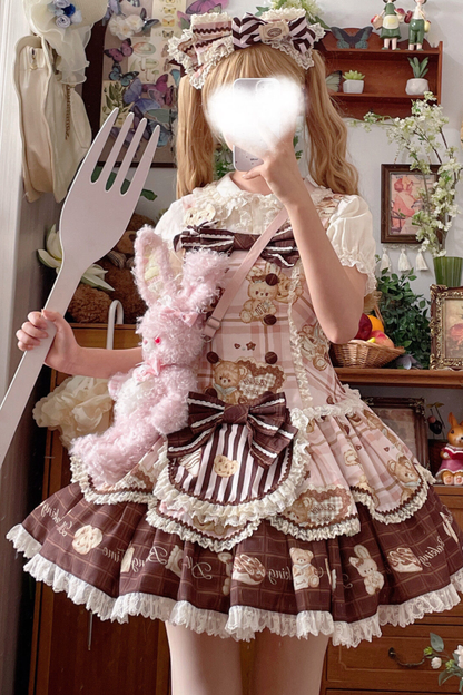 ベアティーパーティーロリータドレス+ジャンパースカート+シャツ+カチューシャ+ブローチ+エプロン
