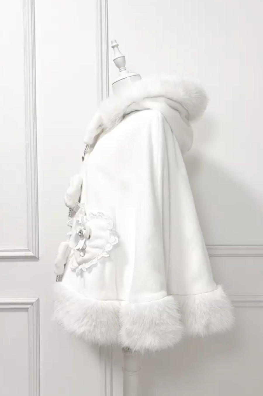 Pearl Ribbon Fur Hooded Flared Coat