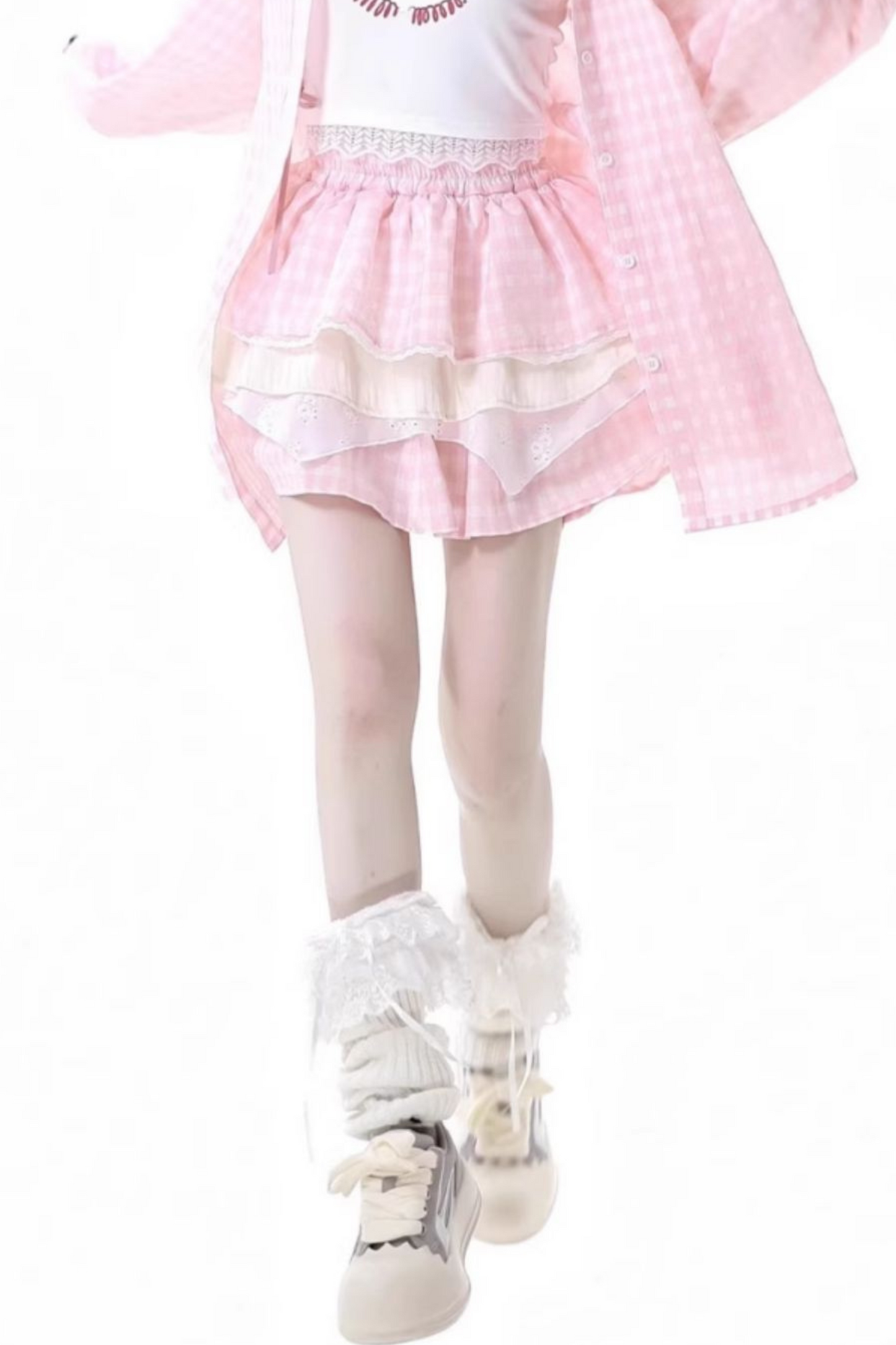 オーバーシャツ＋ノースリーブトップス＋ケーキスカート