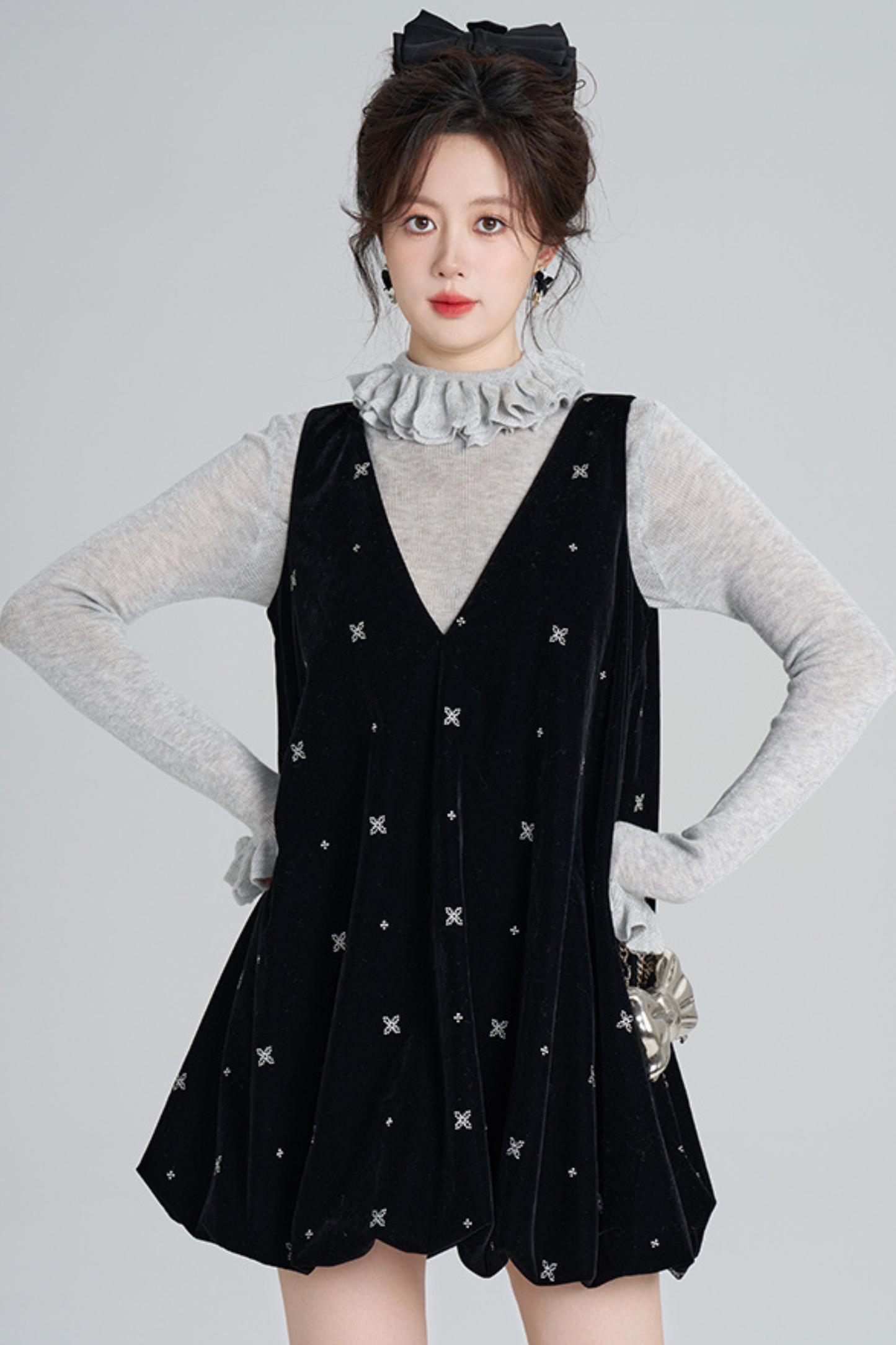 フレンチブラックベルベットリボンバルーンドレス