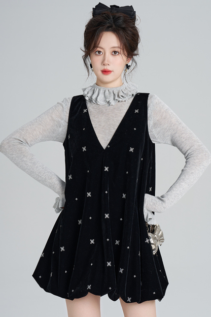 フレンチブラックベルベットリボンバルーンドレス