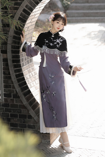 Retro China Dark Long Dress + China Shawl + Skirt