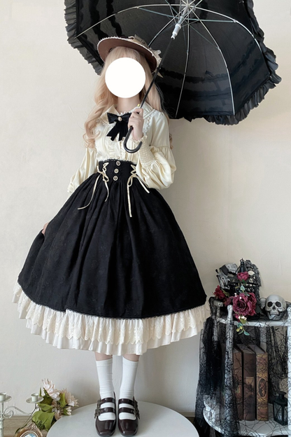 Retro Chic Lolita Shirt + Lace-up High Waist Lolita Skirt