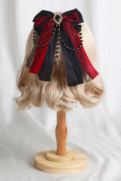 Dark Frilled Lolita Hairband + Flat Hat + Hat Clip + Ribbon Clip + Sleeve