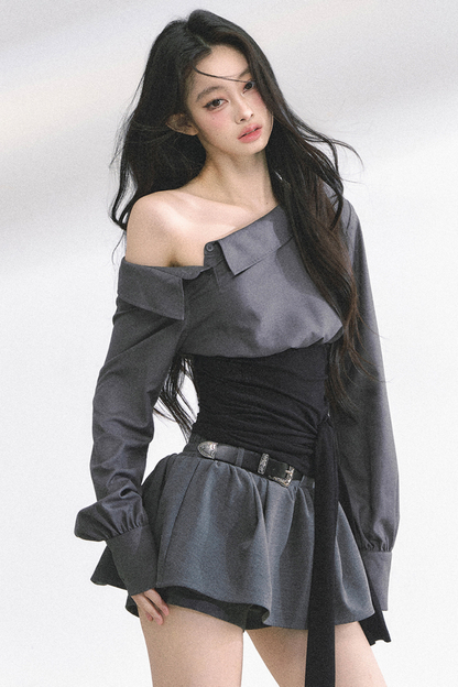 ウエストバンド付きワンショルダーシャツ