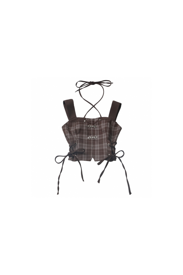 y2kダークブルートップス＋チェックビスチェ＋アシメスカート