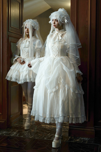 White gothic gemini Lolita dress + corset + ribbon + hair band + veil
