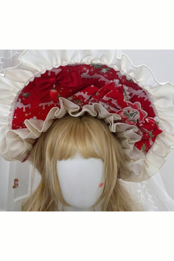 ストロベリーロリータジャンパースカート+ラビットヘアスカーフ+ビッグリボン+トップス+ハット+ボンネット