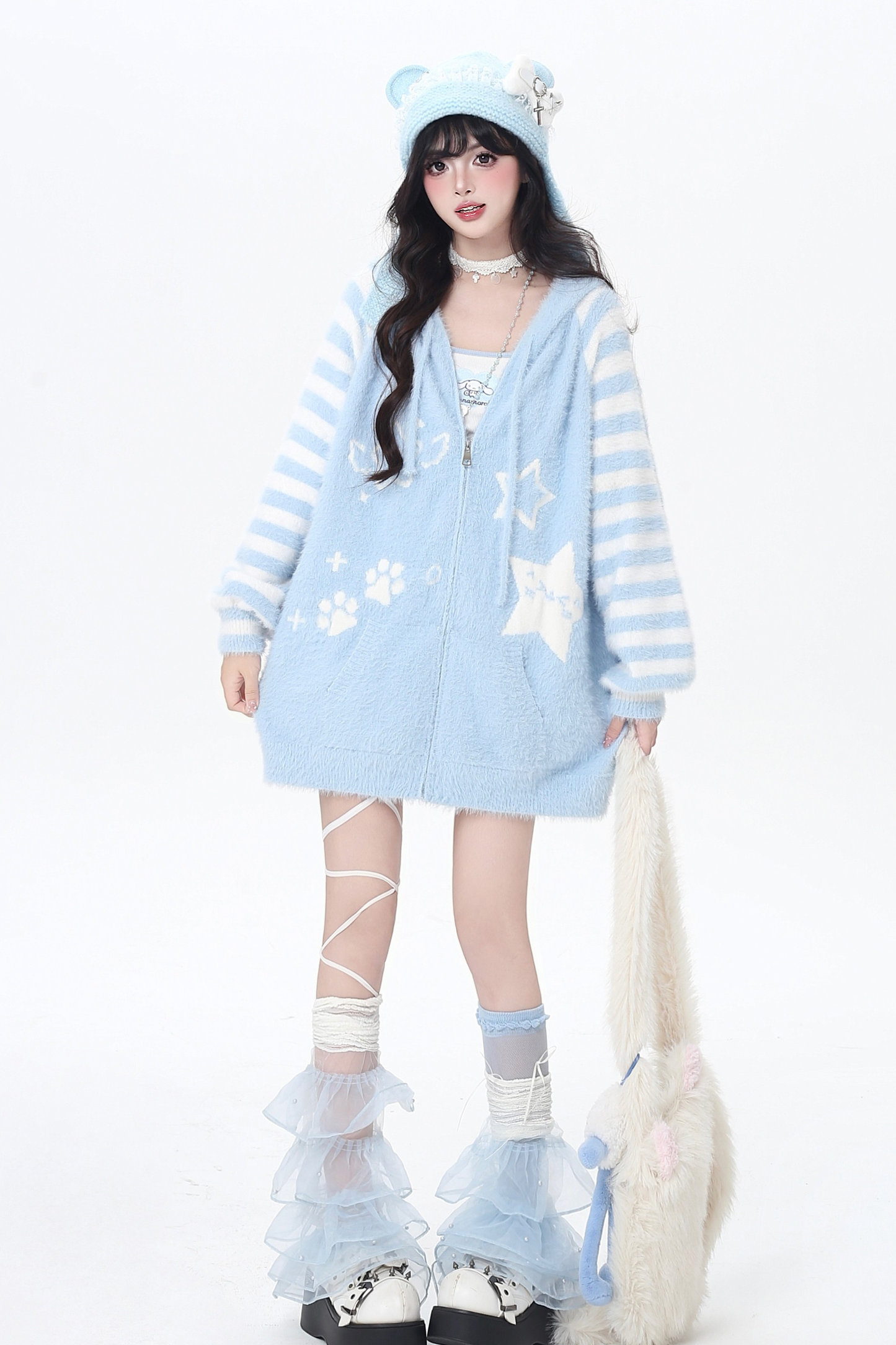 Star Line Striped Hooded Knit Cardigan