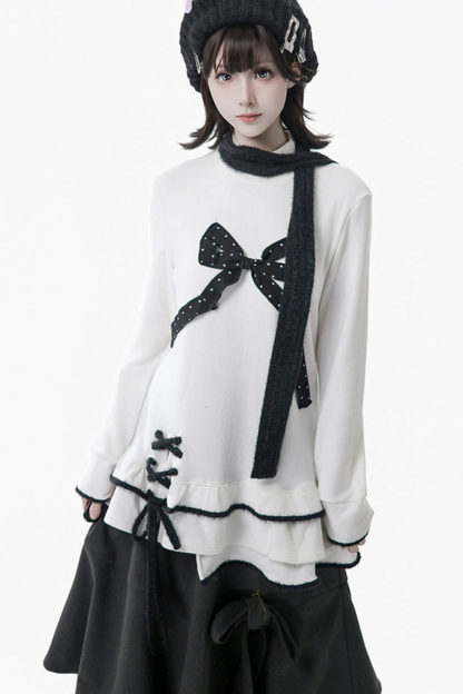 ポルカドットウィンターフリースジャケット+ベスト+トップス+スカートスカーフ