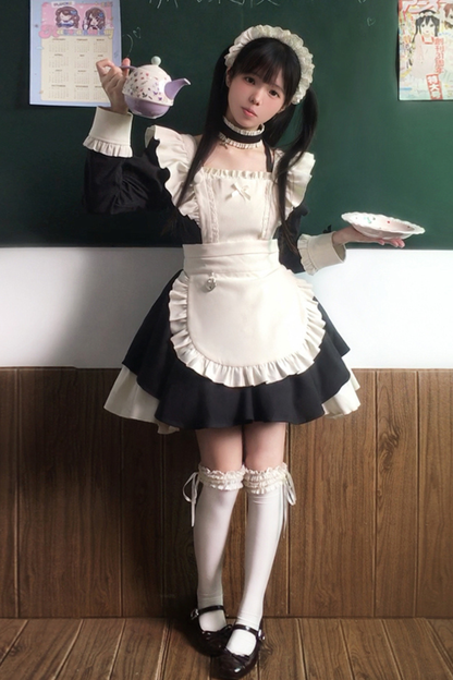 ツインフリルメイドロリータドレス+エプロン+チョーカー+ヘッドバンド+リボン+レッグカバー