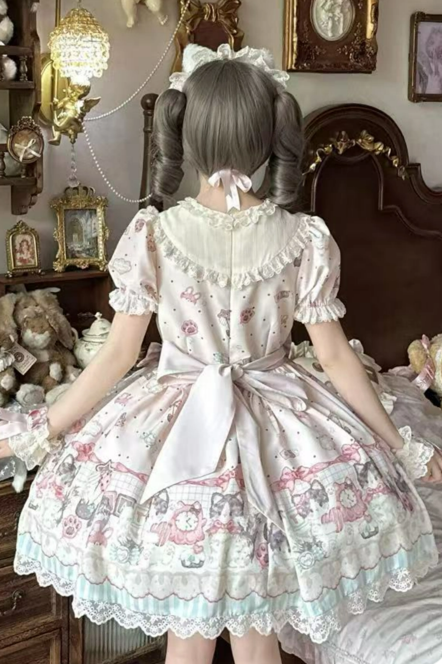 キャビネットロリータジャンパースカート+ドレス+ブローチ+ヘアバンド+ボンネット+エプロン+ハンドスリーブ