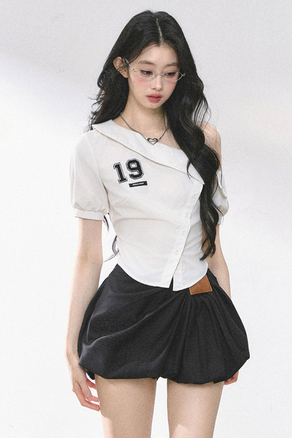 ワンショルダーロゴタイトトップス