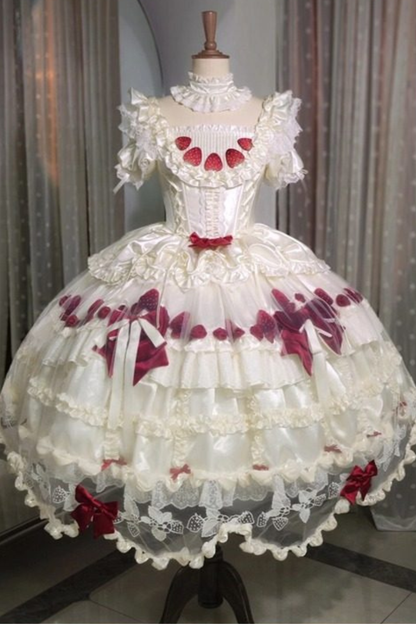 [3월 13일 예약마감] 스트로베리 크림 롤리타 원피스 + 케이크 모자 + 꼬리 + 보닛 + 페티코트