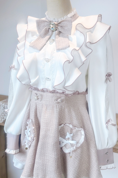 레이스 어깨 리본 블라우스 + 스커트