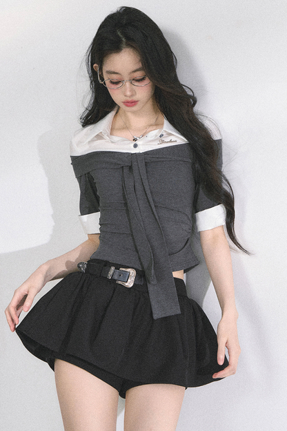 フレンチレディーウエストスリミングショートトップス