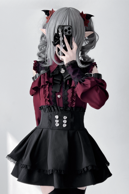 [Deadline for reservations: October 15] Open Shoulder Heart Leather Strap Ruffle Ribbon Shirt