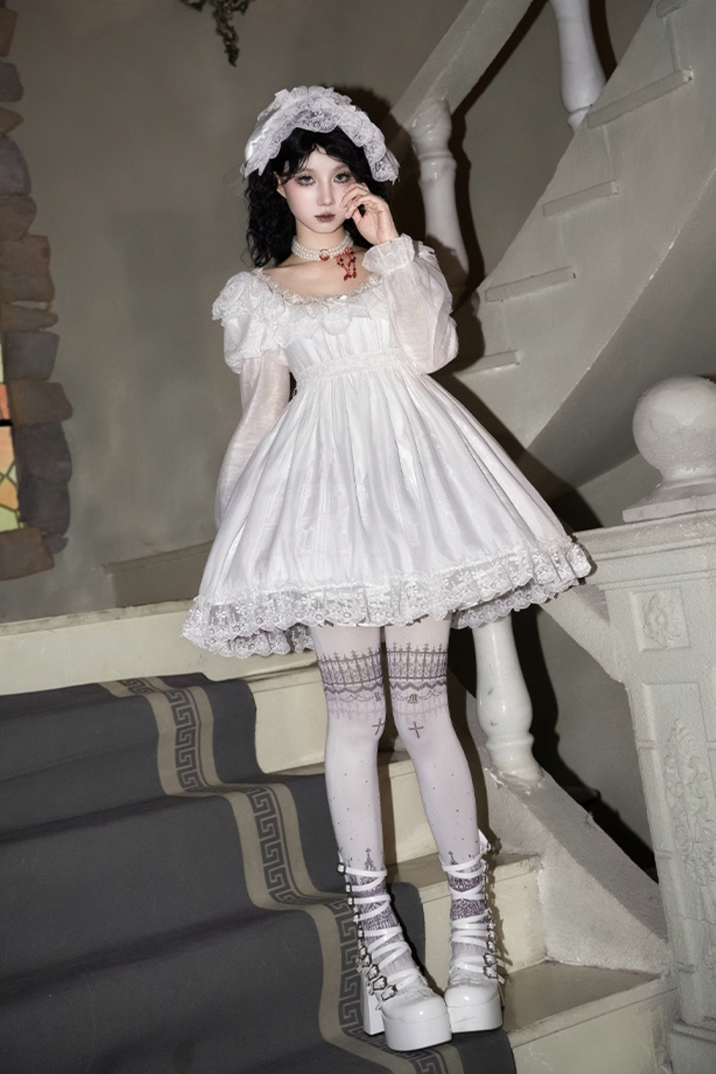 ゴシックツインズロリータドレス＋ハンドスリーブ＋ネックレス＋ヘッドバンド＋ベール＋コルセット＋取り外し可能カーテン＋コサージュ