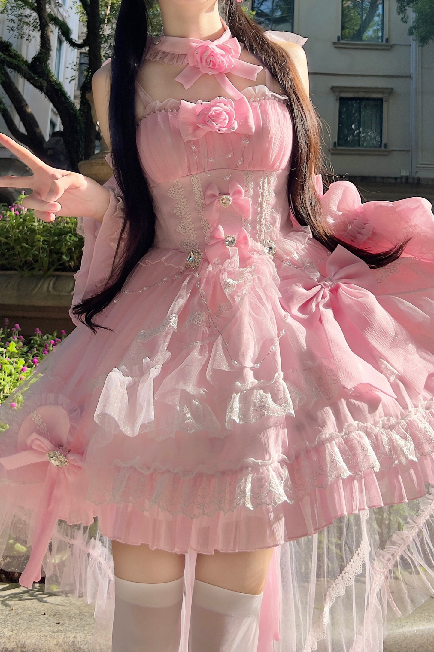 Flower Tube Top Lolita Dress + Sleeve + Head Accessories