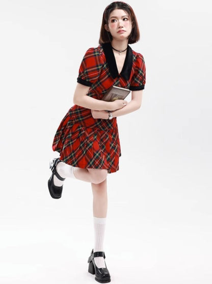 French Red check college dress