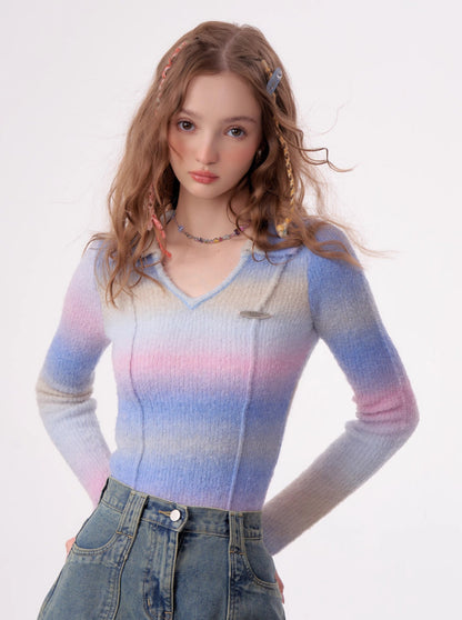 Polo V-Neck Retro Striped Gradient Knit