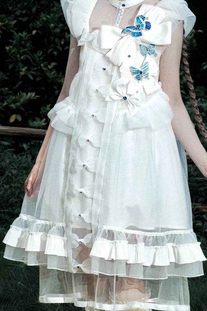 [Vorbestellfrist: 1014] Schwarz/weißes Gothic-Lolita-Set aus Puppenkleid mit Schmetterlingsschleife, Bandkragen und Flatterärmeln + Puppenkleid mit eckigem Ausschnitt und Flatterärmeln