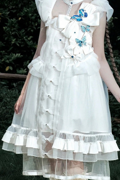 [Vorbestellfrist: 1014] Schwarz/weißes Gothic-Lolita-Set aus Puppenkleid mit Schmetterlingsschleife, Bandkragen und Flatterärmeln + Puppenkleid mit eckigem Ausschnitt und Flatterärmeln