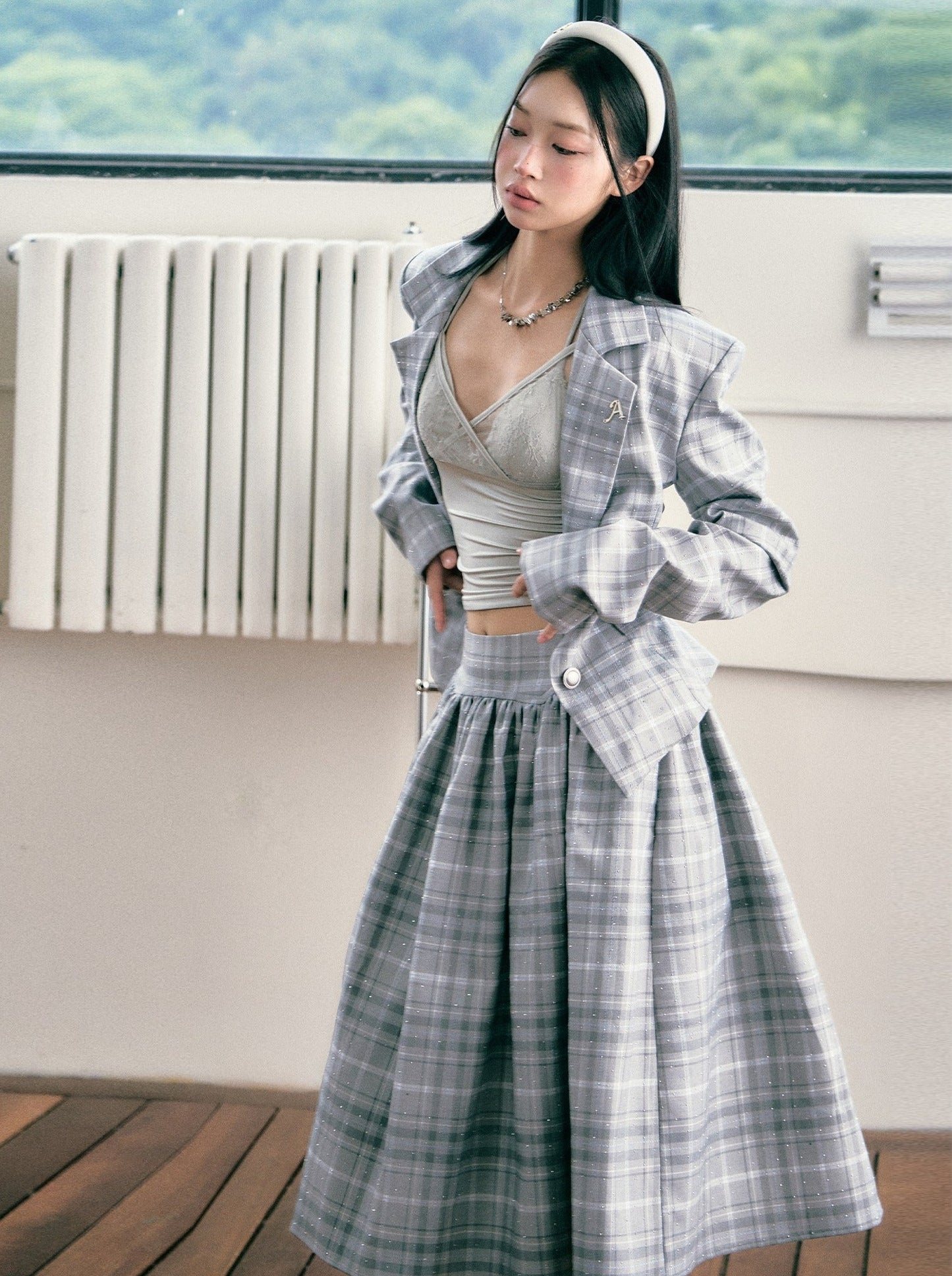 Diamond Check Waist Blazer + Short Skirt + Long Skirt