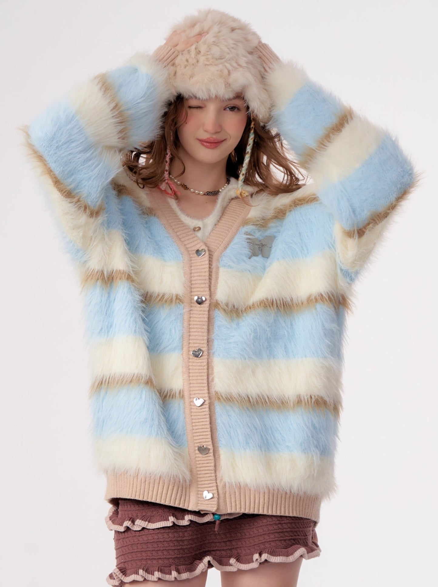 Butterfly Striped Fur Knit Cardigan