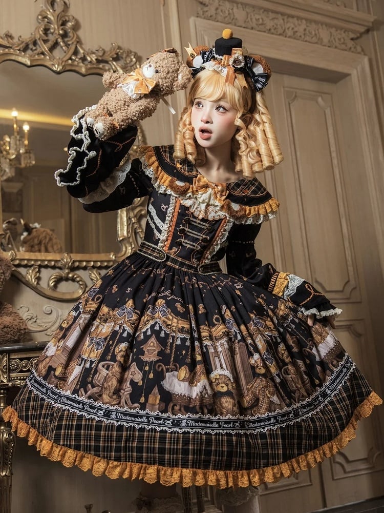 [Reservierungsschluss 8. September] Classic Bear Lolita-Stufenkleid mit weißem Kragen, Karomuster, Spitze und Schleife+Vintage-JSK-Kleid mit Teddybär-Print und Spitze+Vintage-Lolita-Kleid mit Teddybär-Print, Karokragen und klassischem Karomuster