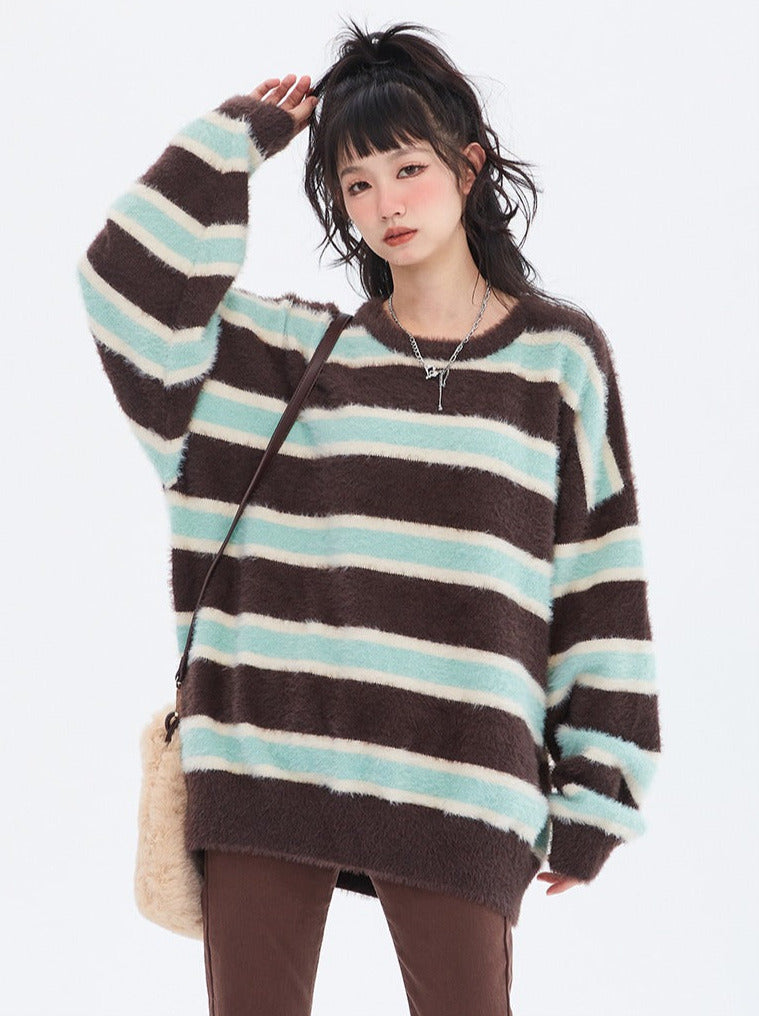 Retro Loose Contrast Stripe Sweater