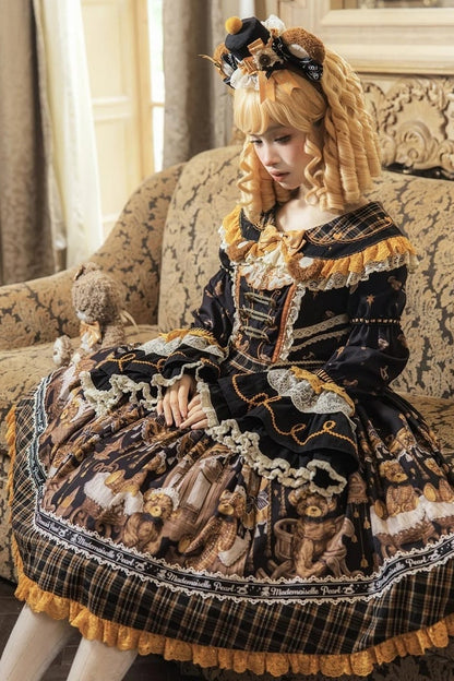[Reservierungsschluss 8. September] Classic Bear Lolita-Stufenkleid mit weißem Kragen, Karomuster, Spitze und Schleife+Vintage-JSK-Kleid mit Teddybär-Print und Spitze+Vintage-Lolita-Kleid mit Teddybär-Print, Karokragen und klassischem Karomuster