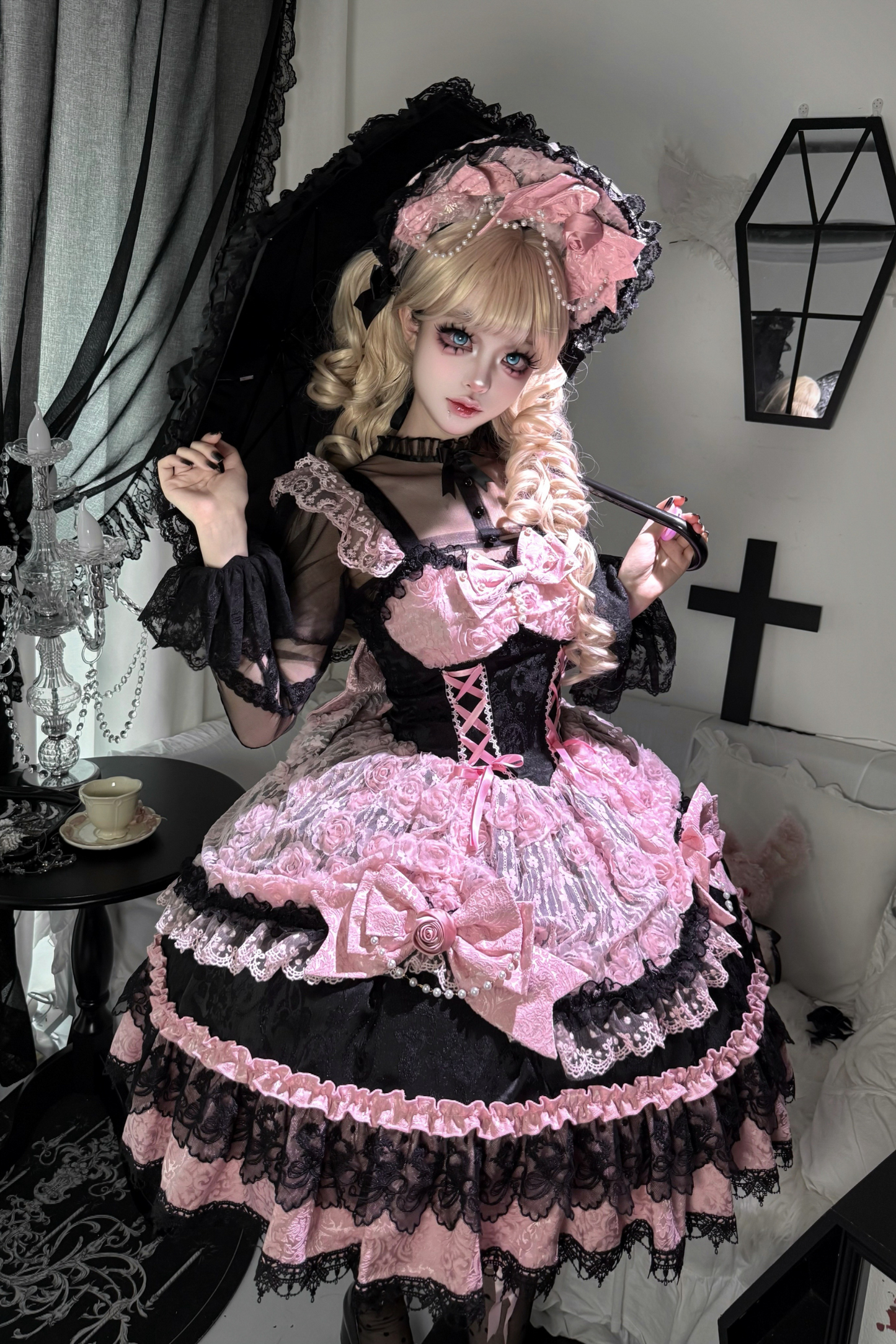 ローズフリルプリンセスジャンパースカート+バッグリボン+ボンネット