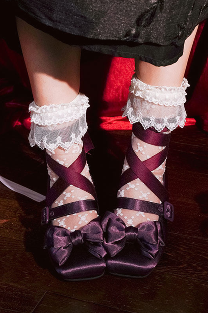 レースアップリボンサテンスクエアトゥシューズ