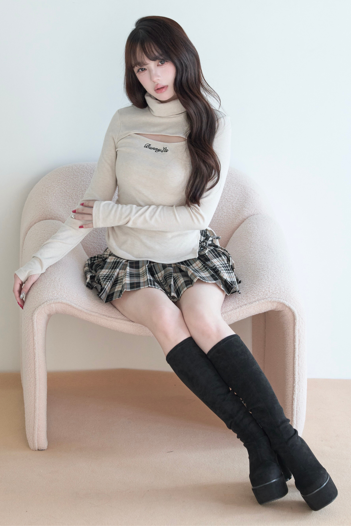 High Neck Knit Top + Check Skirt