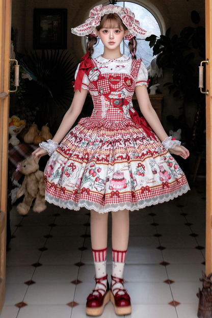 [Vorbestellung bis 14. März] Castle-Strawberry-Süß-Lolita-Hosenträgerrock + Oberteil + Unterhemd + Stirnband + Band