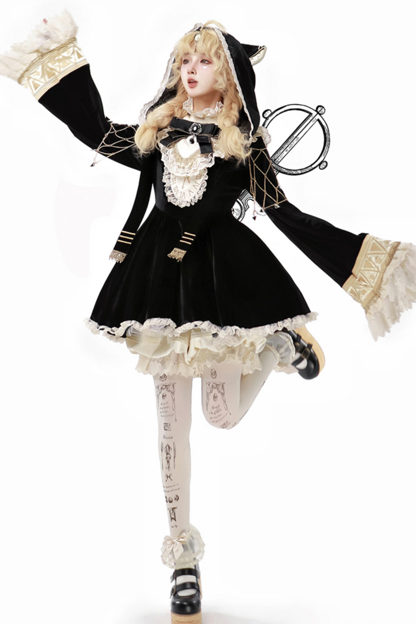 黒猫フリルクロックロリータドレス+パンプキンパンツ