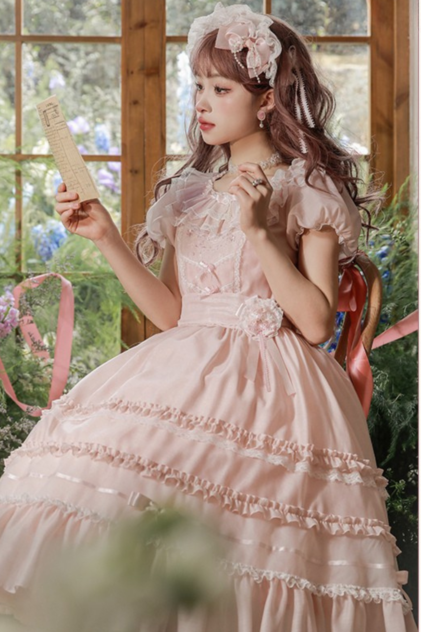 Cherry blossom color sweet princess Lolita dress + doll color top + sheer cardigan + apron