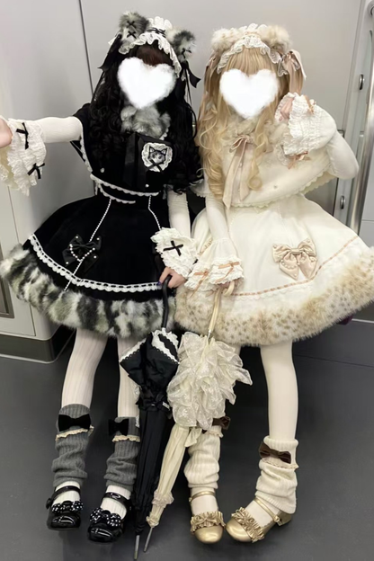 Cat Fleece Lolita Cape + Snow Lolita Dress + Flared Sleeve Top