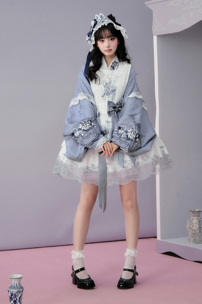 귀여운 차이나 재킷 + 스커트 + 오버스커트 + 리본 + 브로치 + 헤어밴드