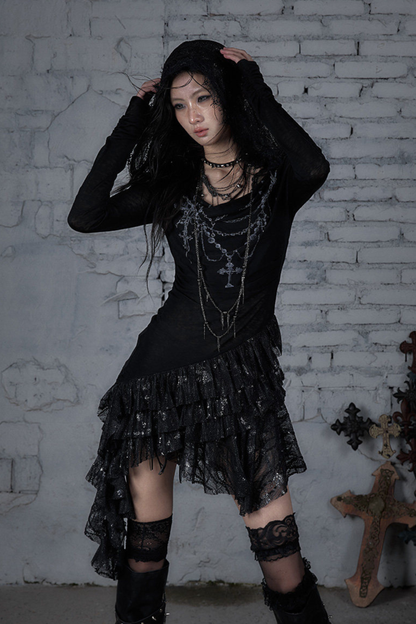 Punk-Spitzen-Kapuzen-Asymmetrie-Kleid