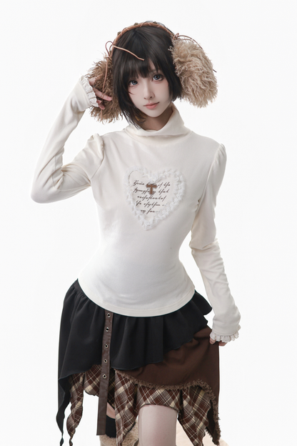 ヘーゼルナッツベルベットウールコート+チェックスカート+トップス+レッグカバー