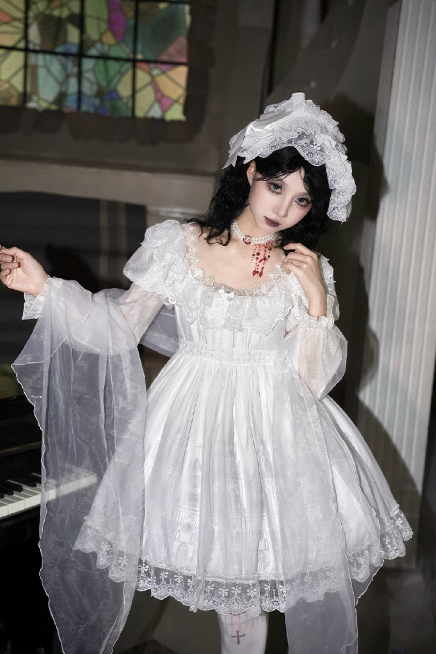 ゴシックツインズロリータドレス＋ハンドスリーブ＋ネックレス＋ヘッドバンド＋ベール＋コルセット＋取り外し可能カーテン＋コサージュ