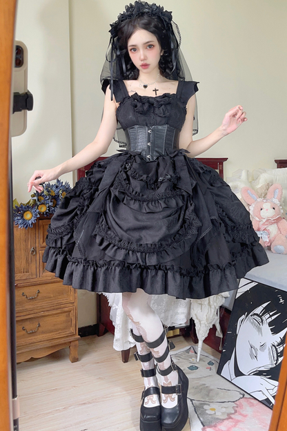 Dark Gothic Ribbon Lolita Dress + Waist Belt + Train + Hairband