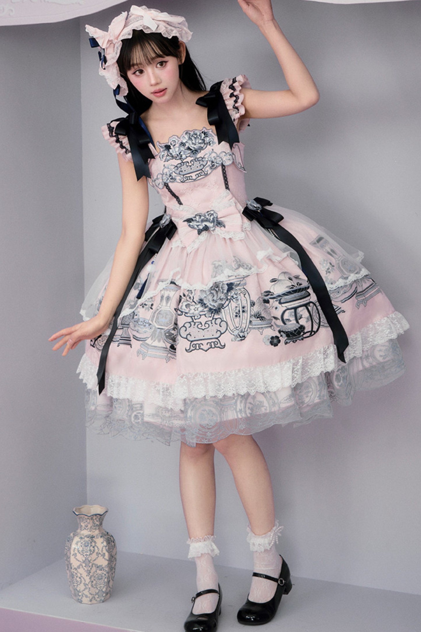 중국 디자인 플라잉 슬리브 로리타 원피스 + 리본