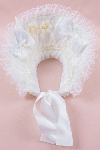 ホワイトレースブライダルスタイルボンネット+ヘアバンド+クリップ+スリーブ