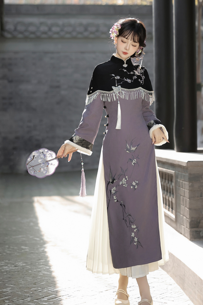 Retro China Dark Long Dress + China Shawl + Skirt